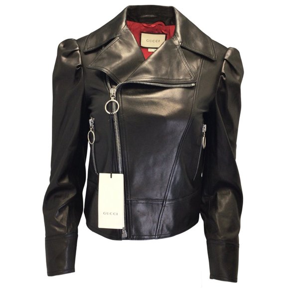 Gucci Jackets & Blazers - GUCCI BLACK CRYSTAL EMBELLISHED MOTO ZIP LAMBSKIN LEATHER JACKET